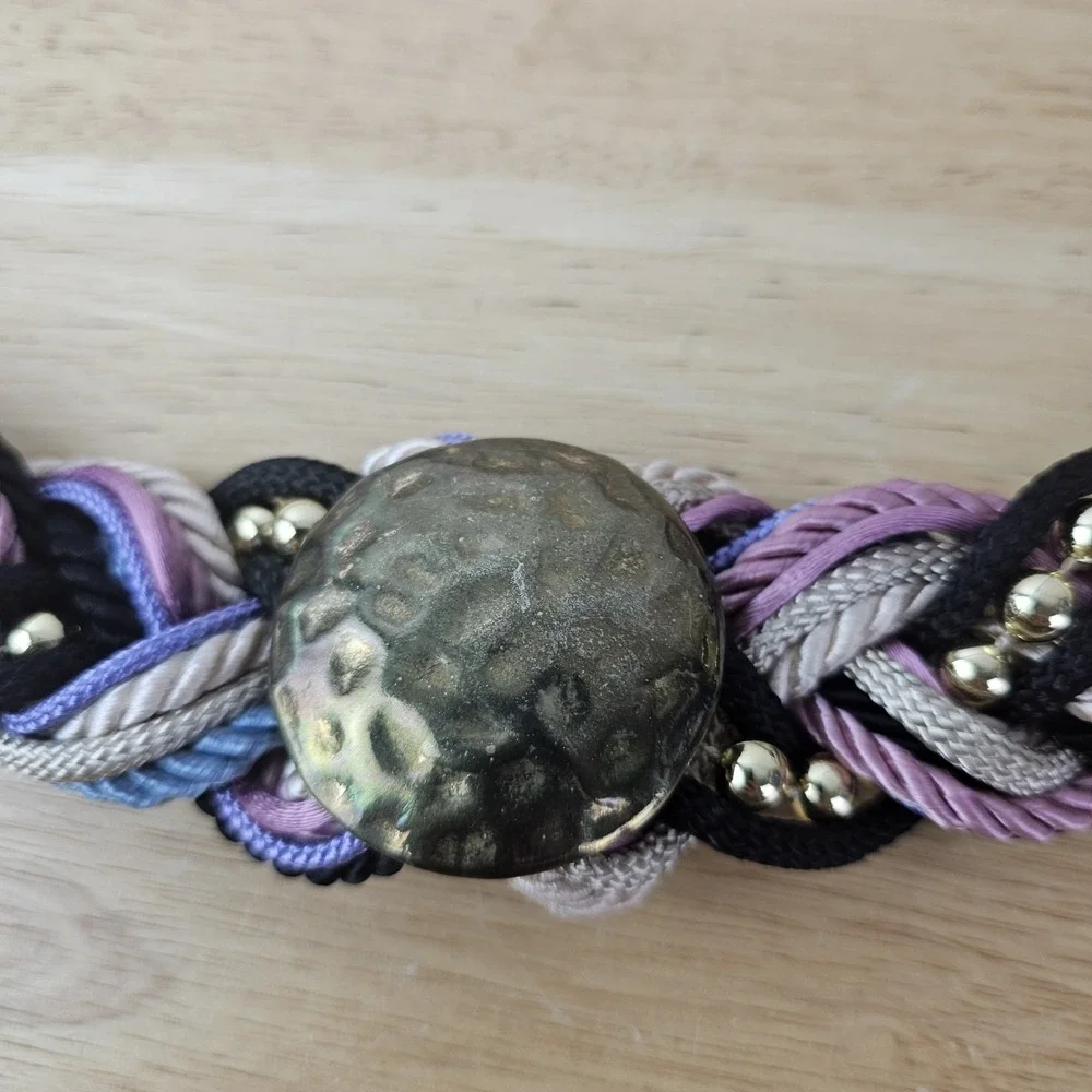 Vintage 1980's Braided Rope Cord Brass Buckle Belt Statement Purple Black Boho‎